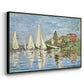 Angled view of Regatta at Argenteuil, 1872 by Claude Monet in a black floater framed canvas.