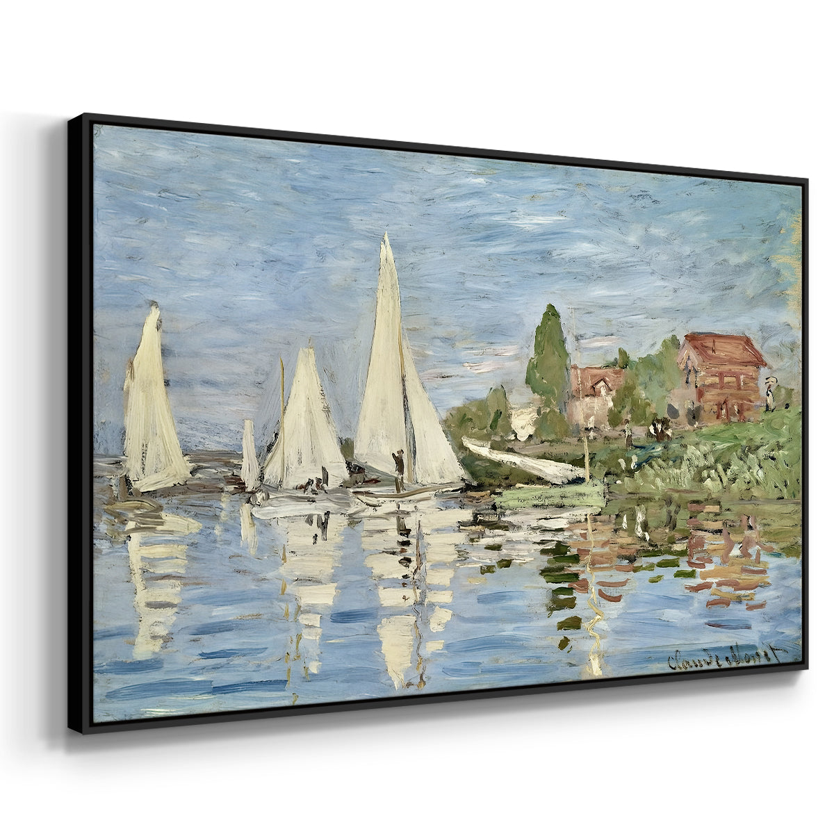 Angled view of Regatta at Argenteuil, 1872 by Claude Monet in a black floater framed canvas.