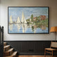 Black floater framed canvas featuring a dynamic nautical scene with boats moving across river, displayed in a hallway near a staircase.