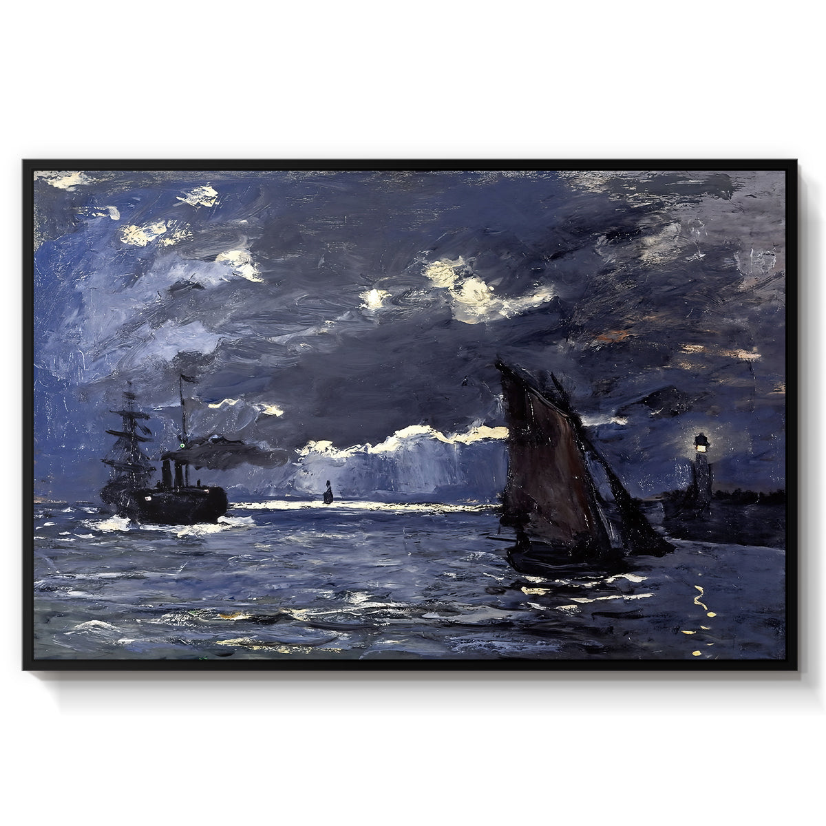 A Seascape, Shipping by Moonlight, 1864 by Claude Monet in a black floater framed canvas wall art display.