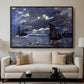 A Seascape, Shipping by Moonlight, 1864 by Claude Monet displayed in a black floater framed canvas above a sofa in a clean living room.