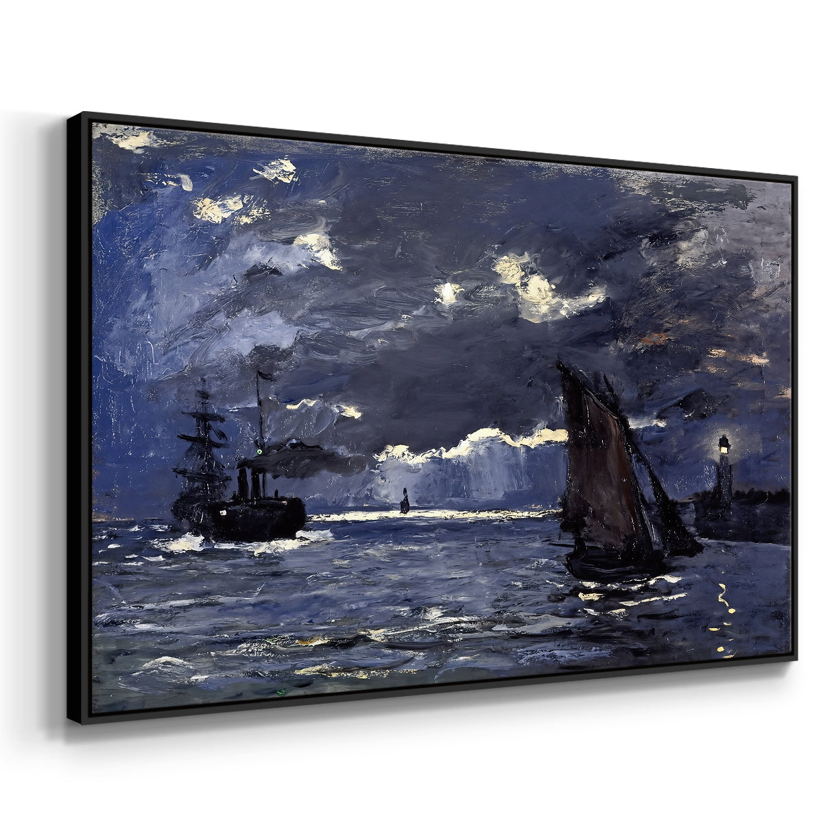 Angled view of A Seascape, Shipping by Moonlight, 1864 by Claude Monet in a black floater framed canvas.