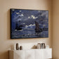 Black floater framed canvas of A Seascape, Shipping by Moonlight, 1864 by Claude Monet, featuring a nocturnal seascape with boats silhouetted against glowing moon above a console cabinet in a minimalist entryway.