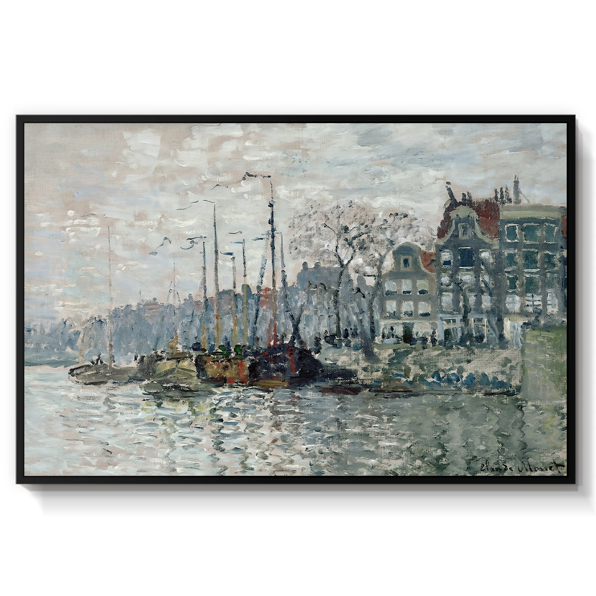 View of the Prins Hendrikkade and Kromme Waal in Amsterdam, 1874 by Claude Monet in a black floater framed canvas wall art display.