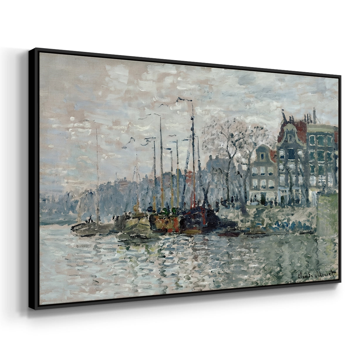 Angled view of View of the Prins Hendrikkade and Kromme Waal in Amsterdam, 1874 by Claude Monet in a black floater framed canvas.