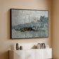 Black floater framed canvas of View of the Prins Hendrikkade and Kromme Waal in Amsterdam, 1874 by Claude Monet, featuring an impressionist cityscape of canal with ships and architecture above a console cabinet in a minimalist entryway.