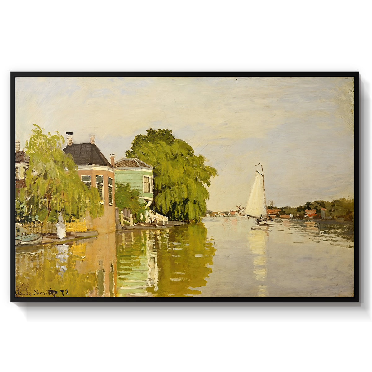 Houses on the Achterzaan, 1871 by Claude Monet in a black floater framed canvas wall art display.