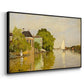 Angled view of Houses on the Achterzaan, 1871 by Claude Monet in a black floater framed canvas.
