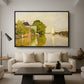 Houses on the Achterzaan, 1871 by Claude Monet as a black floater framed canvas featuring colorful houses reflected in calm river surrounded by greenery, displayed above a sofa in a modern living room.