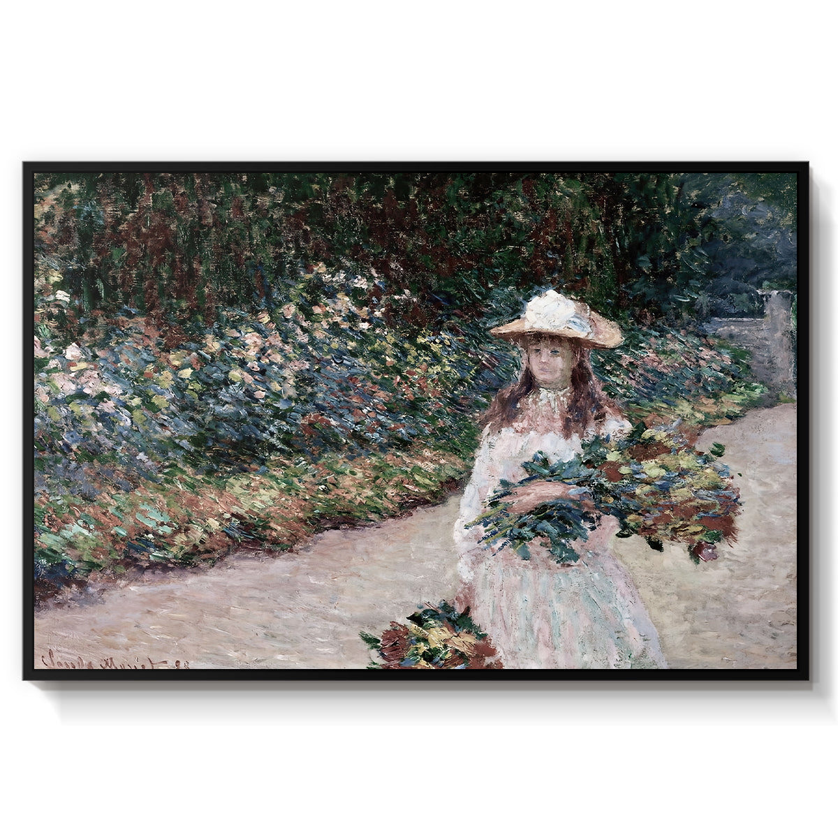 Young Girl in the Garden at Giverny, 1888 by Claude Monet in a black floater framed canvas wall art display.
