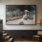 Black floater framed canvas featuring a tranquil outdoor portrait of girl in floral setting, displayed in a hallway near a staircase.