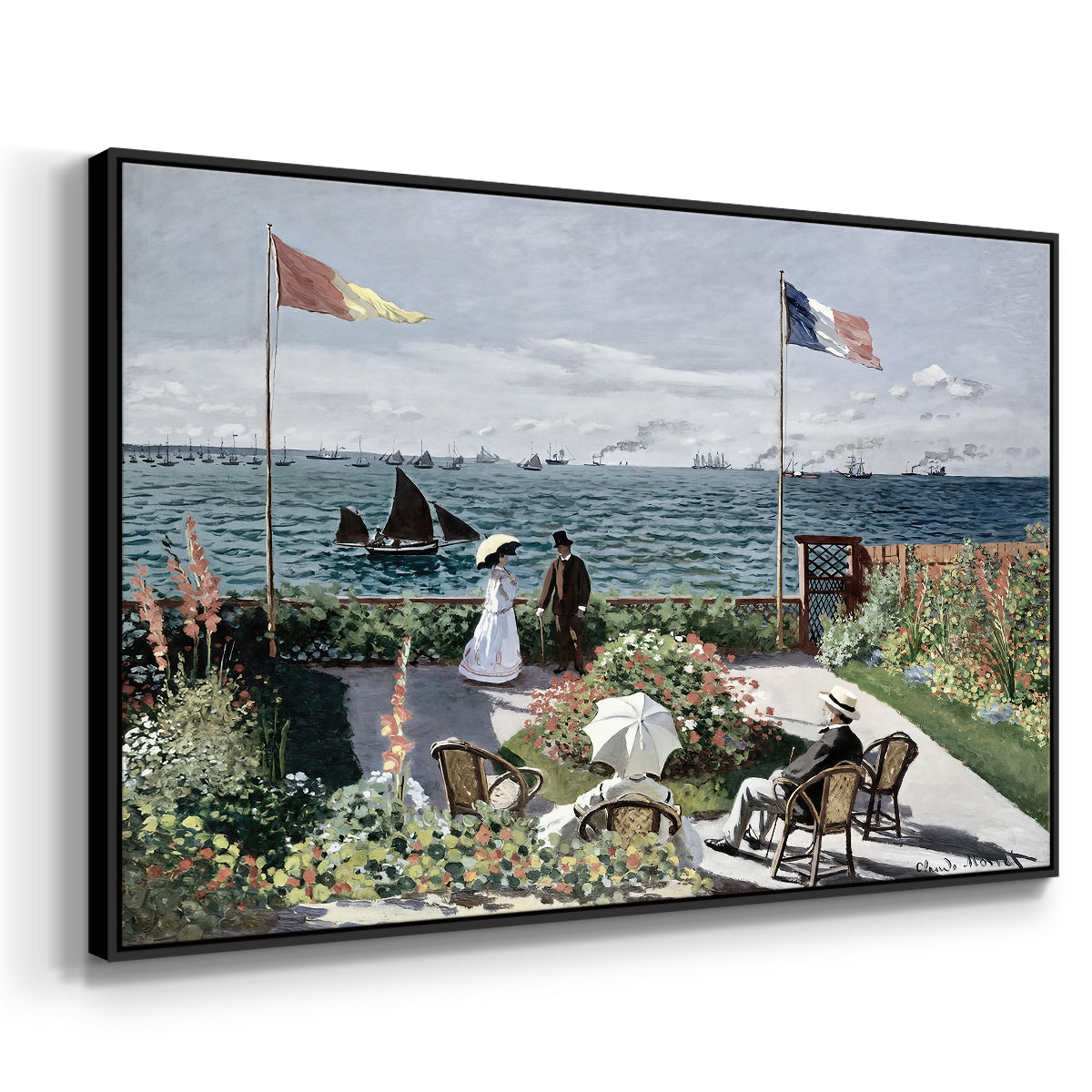 Angled view of Garden at Sainte-Adresse, 1867 by Claude Monet in a black floater framed canvas.