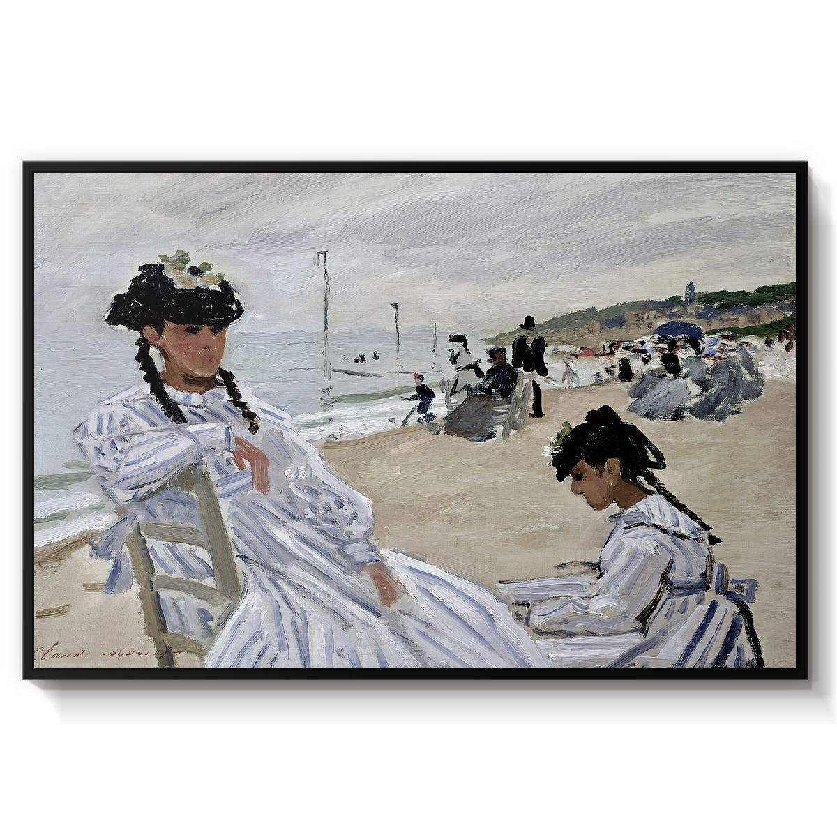 On the Beach at Trouville, 1870 by Claude Monet in a black floater framed canvas wall art display.