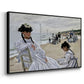 Angled view of On the Beach at Trouville, 1870 by Claude Monet in a black floater framed canvas.