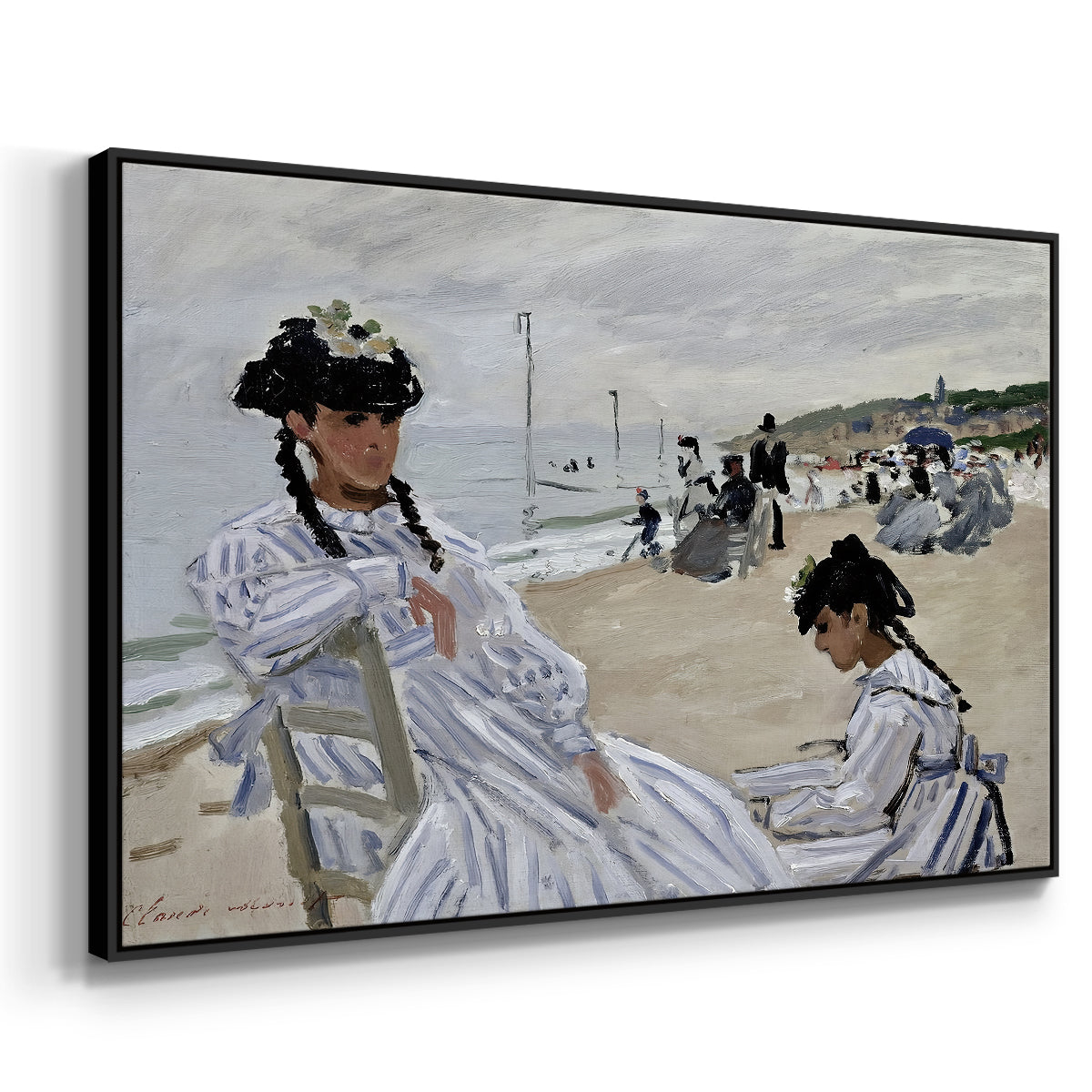 Angled view of On the Beach at Trouville, 1870 by Claude Monet in a black floater framed canvas.