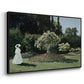 Angled view of Woman in the Garden, Sainte-Adresse, 1867 by Claude Monet in a black floater framed canvas.
