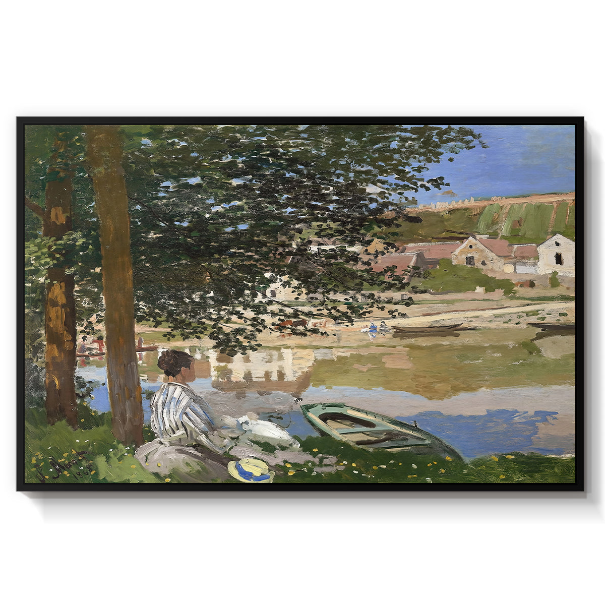On the Bank of the Seine, Bennecourt, 1868 by Claude Monet in a black floater framed canvas wall art display.