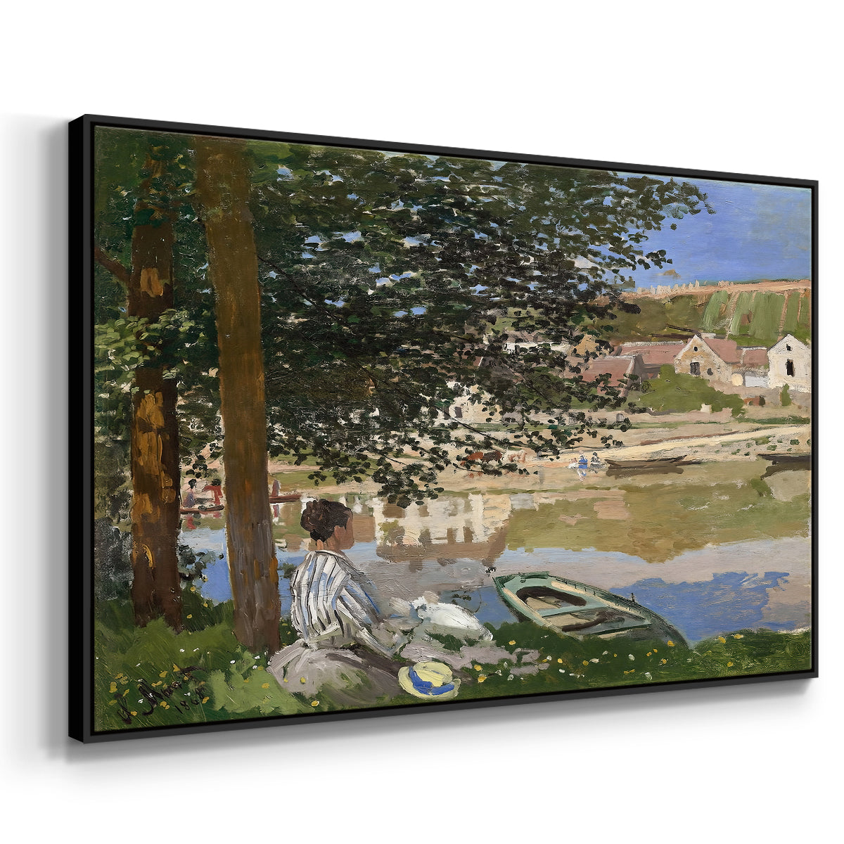 Angled view of On the Bank of the Seine, Bennecourt, 1868 by Claude Monet in a black floater framed canvas.