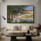 On the Bank of the Seine, Bennecourt, 1868 by Claude Monet as a black floater framed canvas featuring a woman and child seated along riverbank beneath trees in soft daylight, displayed above a sofa in a modern living room.