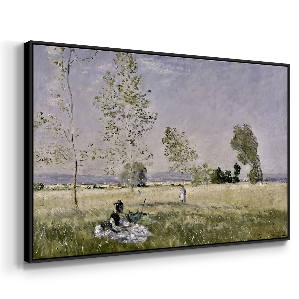 Angled view of Summer (L'ete), 1874 by Claude Monet in a black floater framed canvas.
