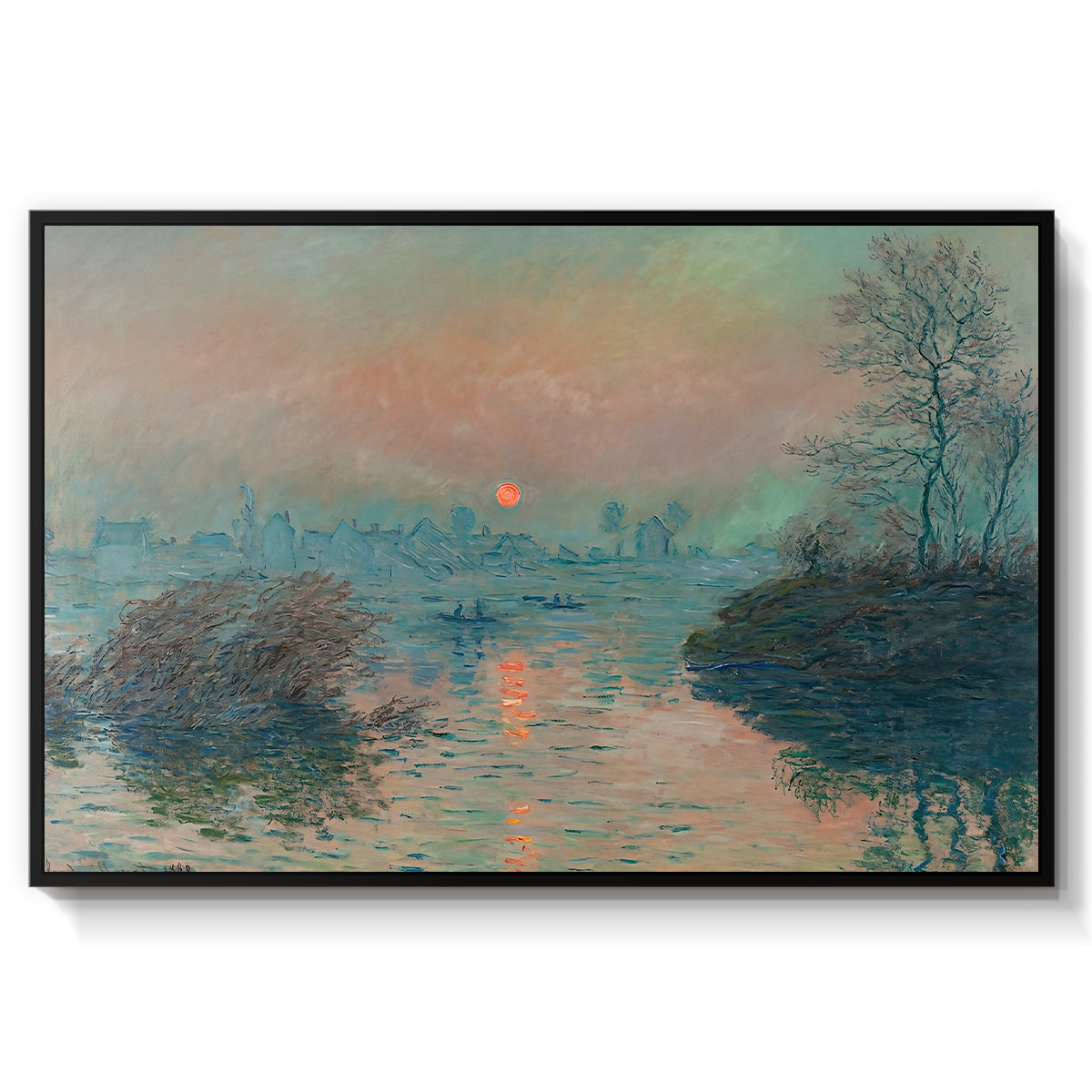 Sunset on the Seine at Lavacourt, Winter Effect, 1880 by Claude Monet in a black floater framed canvas wall art display.