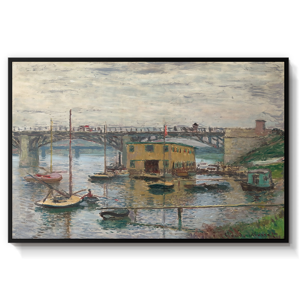 Bridge at Argenteuil on a Gray Day, c. 1876 by Claude Monet in a black floater framed canvas wall art display.