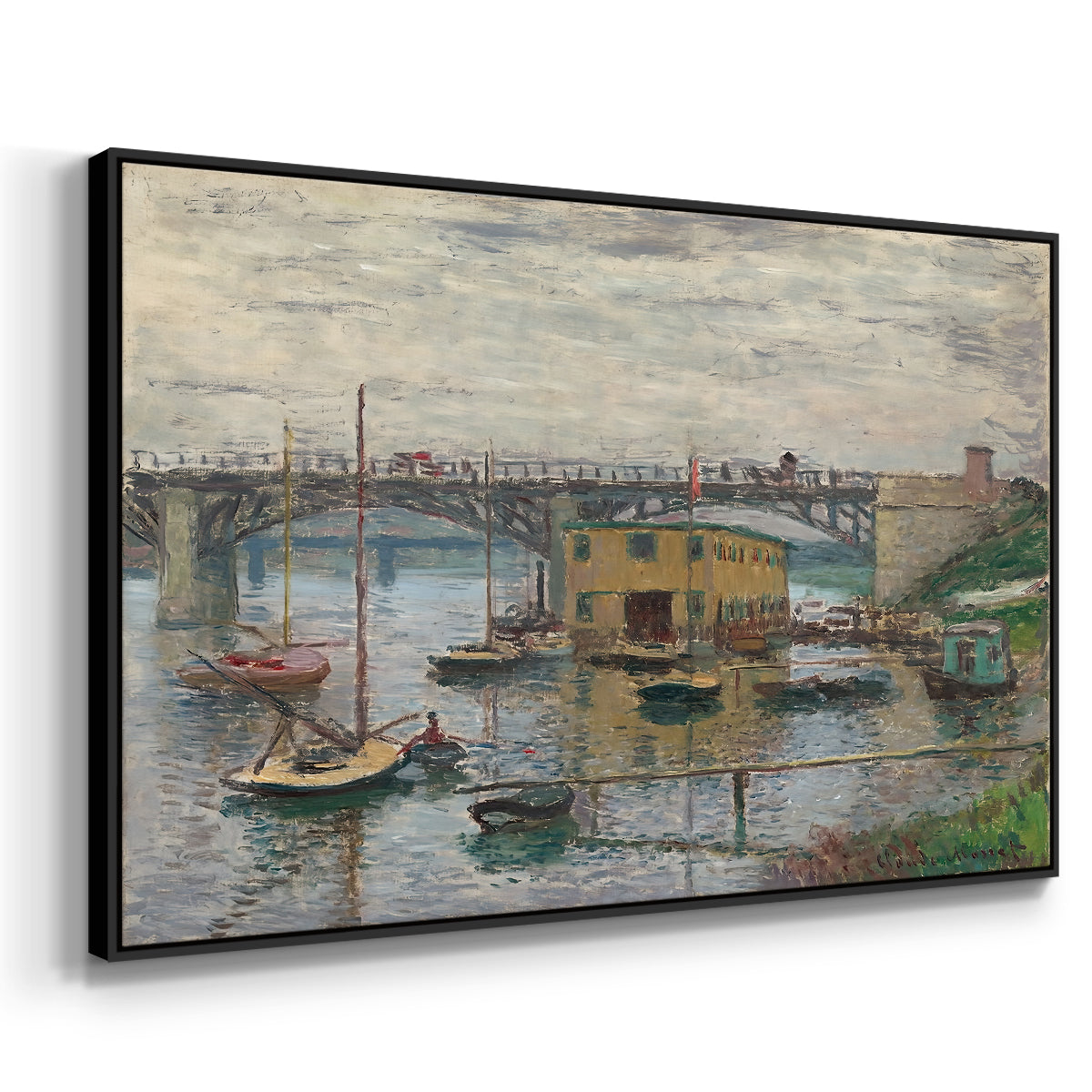 Angled view of Bridge at Argenteuil on a Gray Day, c. 1876 by Claude Monet in a black floater framed canvas.