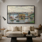 Bridge at Argenteuil on a Gray Day, c. 1876 by Claude Monet as a black floater framed canvas featuring a bridge crossing river under gray sky with muted reflections, displayed above a sofa in a modern living room.