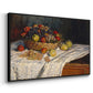 Angled view of Still Life with Apples and Grapes, 1880 by Claude Monet in a black floater framed canvas.