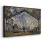 Angled view of The Gare Saint-Lazare, 1877 by Claude Monet in a black floater framed canvas.