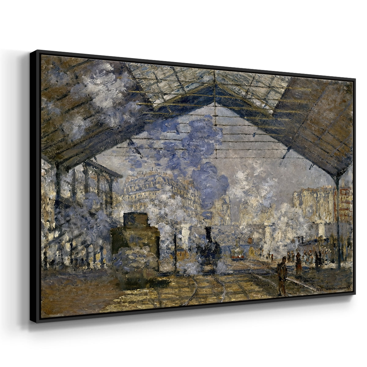 Angled view of The Gare Saint-Lazare, 1877 by Claude Monet in a black floater framed canvas.
