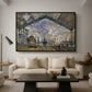 The Gare Saint-Lazare, 1877 by Claude Monet as a black floater framed canvas featuring a train station interior filled with steam and locomotives under iron structure, displayed above a sofa in a modern living room.