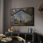The Gare Saint-Lazare, 1877 by Claude Monet in a black floater framed canvas featuring an industrial interior with steam clouds and rail tracks, displayed above a desk in a dark home office interior.
