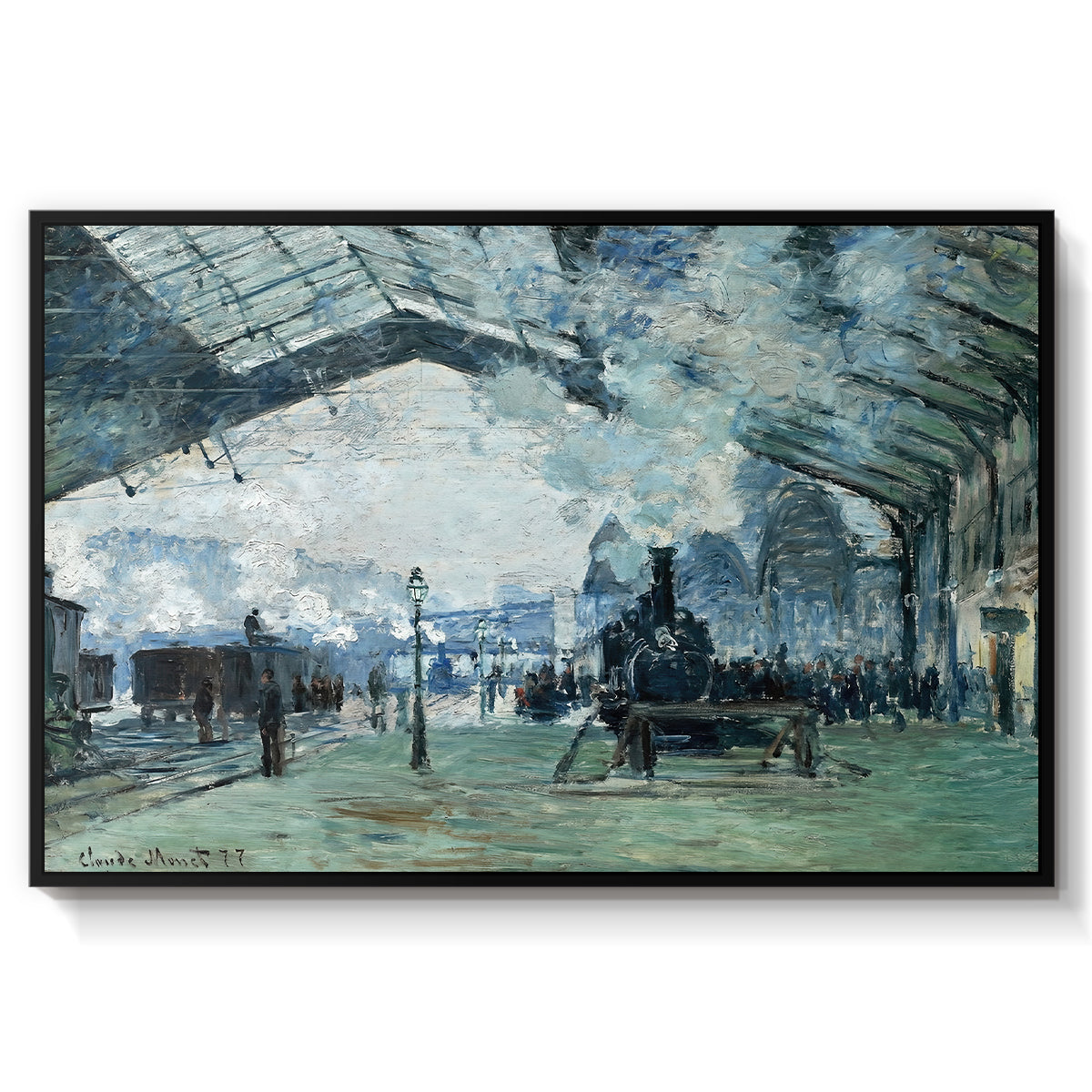 The Saint-Lazare Station, 1877 by Claude Monet in a black floater framed canvas wall art display.