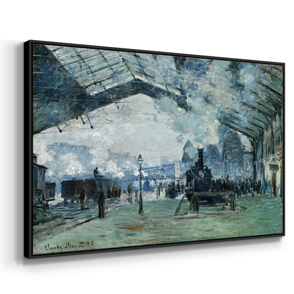 Angled view of The Saint-Lazare Station, 1877 by Claude Monet in a black floater framed canvas.
