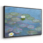 Angled view of Water Lilies (Nymphéas), 1897-1899 by Claude Monet in a black floater framed canvas.