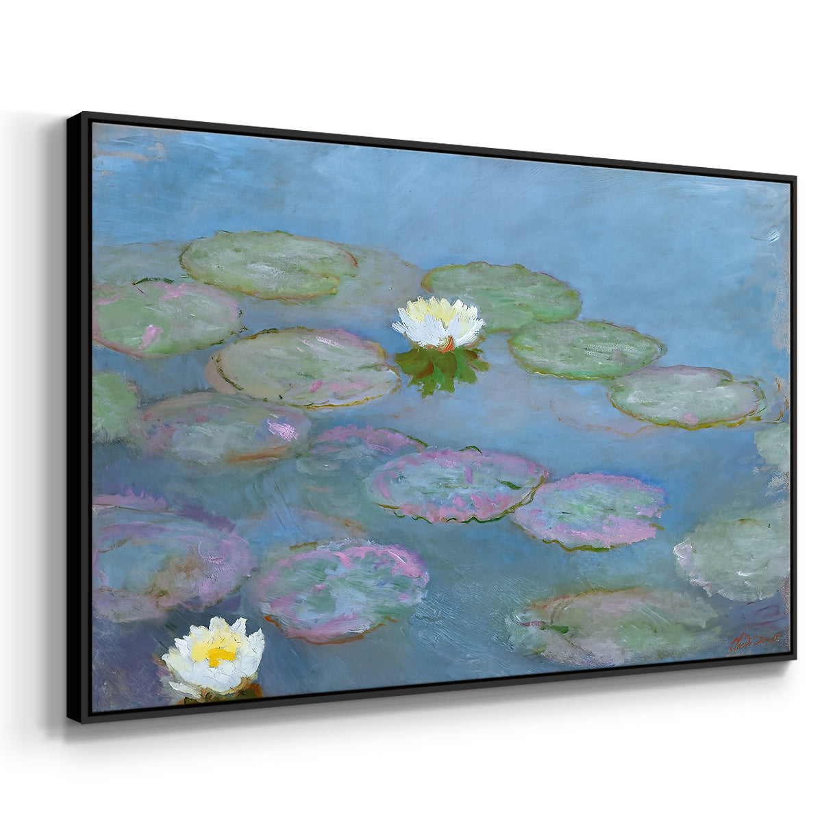 Angled view of Water Lilies (Nymphéas), 1897-1899 by Claude Monet in a black floater framed canvas.