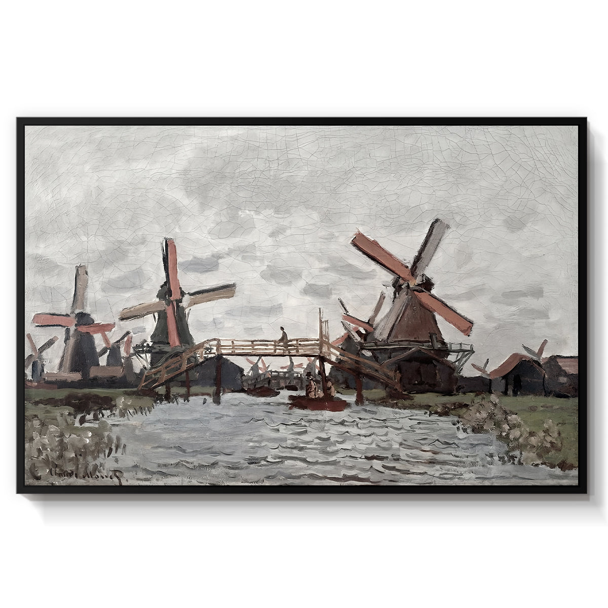 Windmills near Zaandam, 1871 by Claude Monet in a black floater framed canvas wall art display.