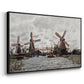 Angled view of Windmills near Zaandam, 1871 by Claude Monet in a black floater framed canvas.