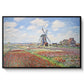 Tulip Fields with the Rijnsburg Windmill, 1886 by Claude Monet in a black floater framed canvas wall art display.