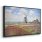 Angled view of Tulip Fields with the Rijnsburg Windmill, 1886 by Claude Monet in a black floater framed canvas.
