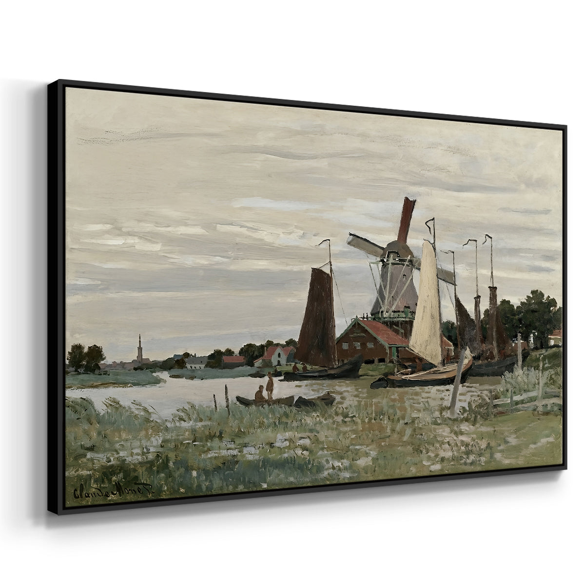 Angled view of Windmill at Zaandam, 1871 by Claude Monet in a black floater framed canvas.
