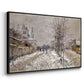 Angled view of The Boulevard de Pontoise at Argenteuil, Snow Effect, 1875 by Claude Monet in a black floater framed canvas.
