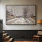 Black floater framed canvas featuring an urban winter landscape with muted tones and soft light, displayed in a hallway near a staircase.