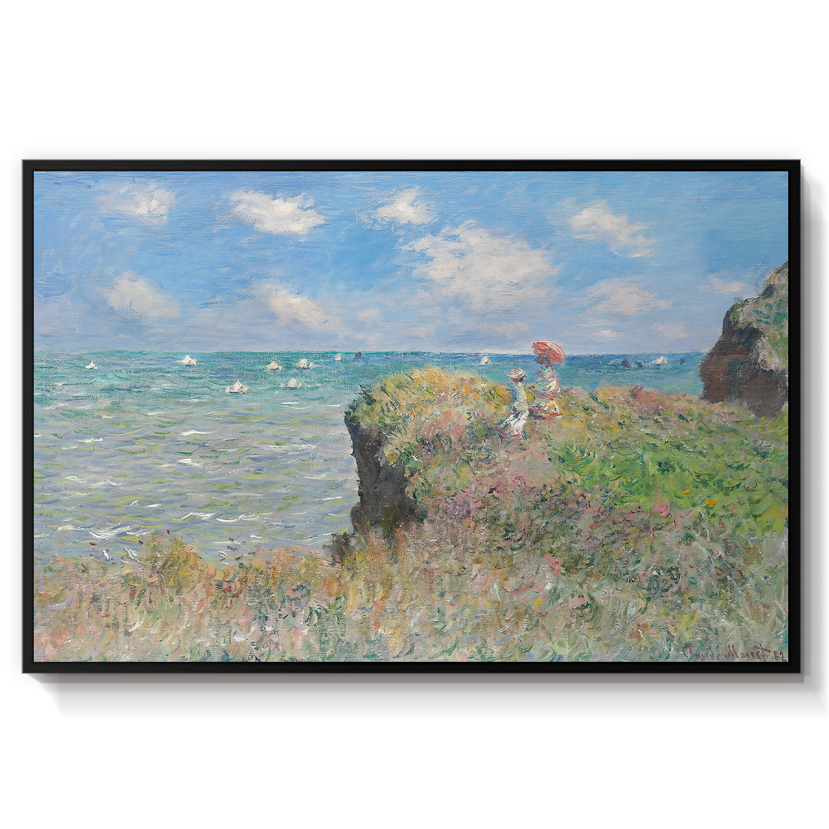 The Cliff Walk at Pourville, 1882 by Claude Monet in a black floater framed canvas wall art display.
