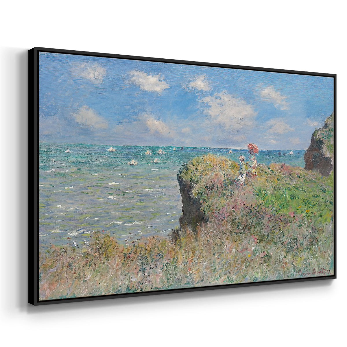Angled view of The Cliff Walk at Pourville, 1882 by Claude Monet in a black floater framed canvas.