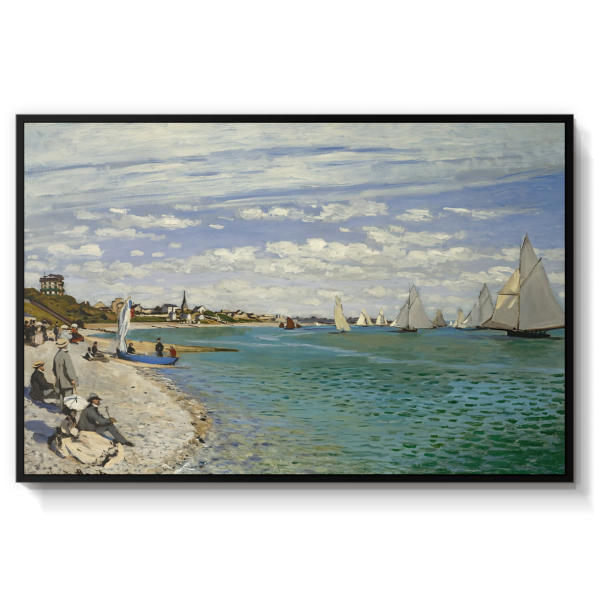 Regatta at Sainte-Adresse, 1867 by Claude Monet in a black floater framed canvas wall art display.