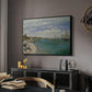 Regatta at Sainte-Adresse, 1867 by Claude Monet in a black floater framed canvas featuring an impressionist coastal view with colorful sails and shoreline activity, displayed above a desk in a dark home office interior.
