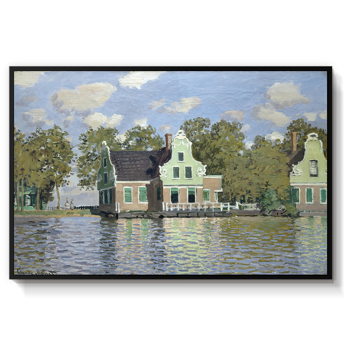 Houses on the Zaan River at Zaandam, 1871 by Claude Monet in a black floater framed canvas wall art display.
