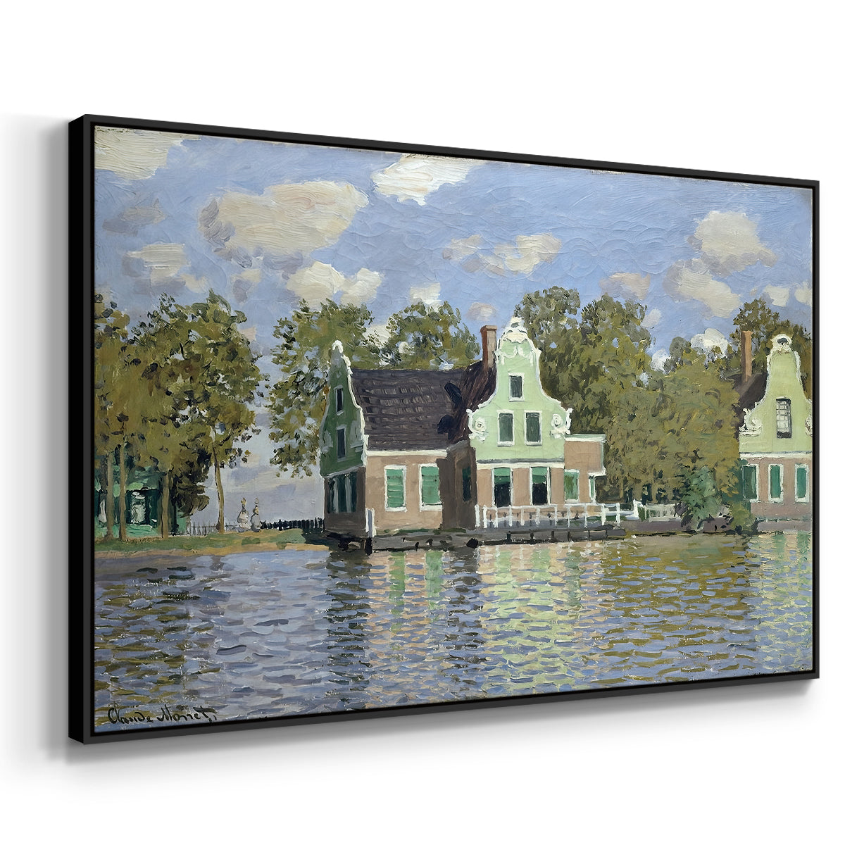 Angled view of Houses on the Zaan River at Zaandam, 1871 by Claude Monet in a black floater framed canvas.
